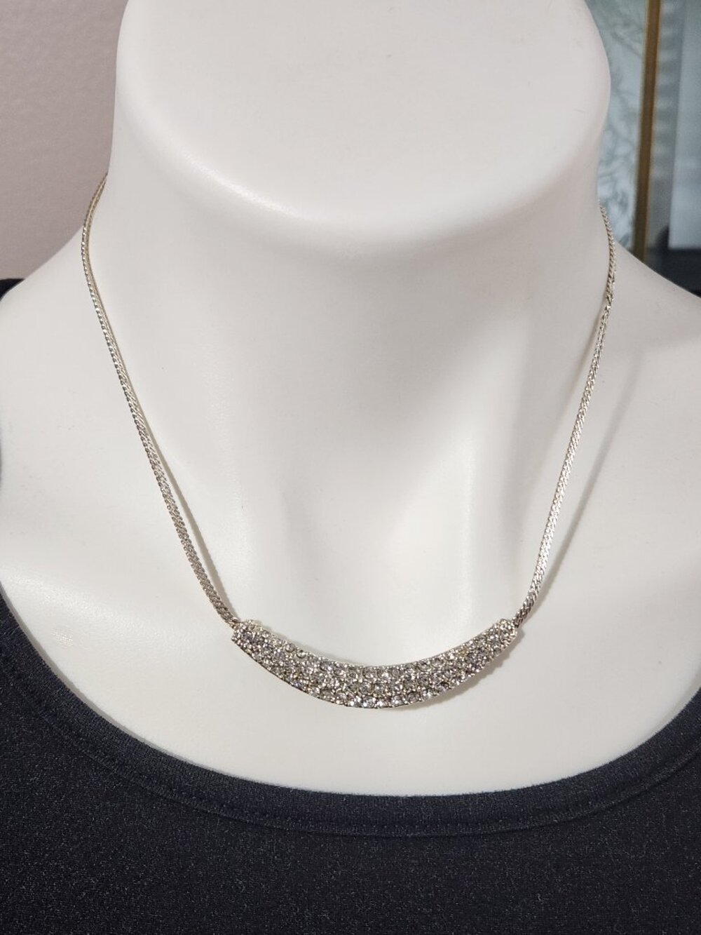 Retro Trifari Silver Pavé Rhinestone Curved Bar Necklace Bridal Sparkle 16-18"